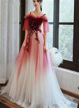 Picture of Pretty Tulle Gradient Dark Red Color A-line Long Prom Dresses, Straps Sweetheart Party Dresses